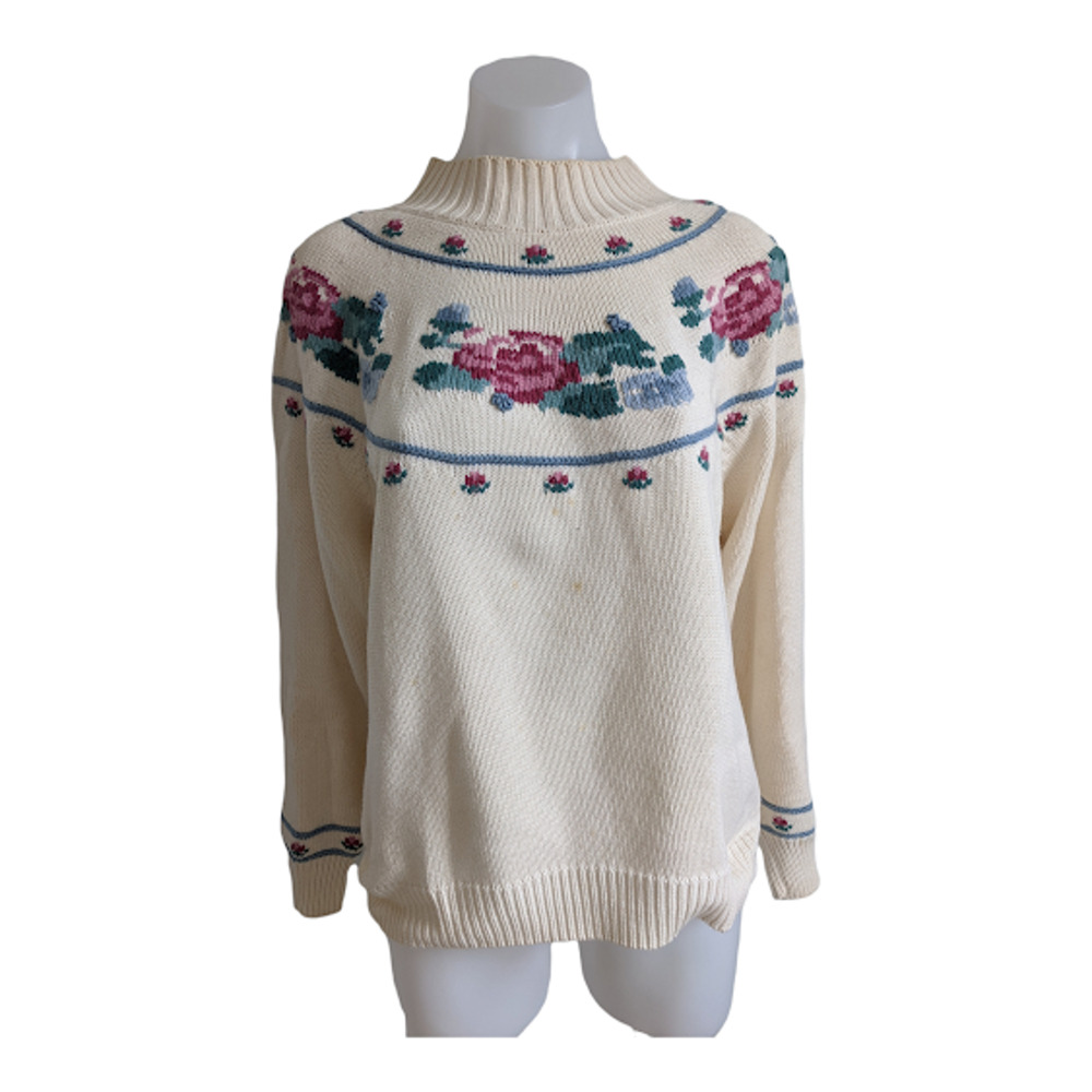 Vintage Eddie Bauer Petite Medium Grannycore Sweater Cream Floral 100% Cotton